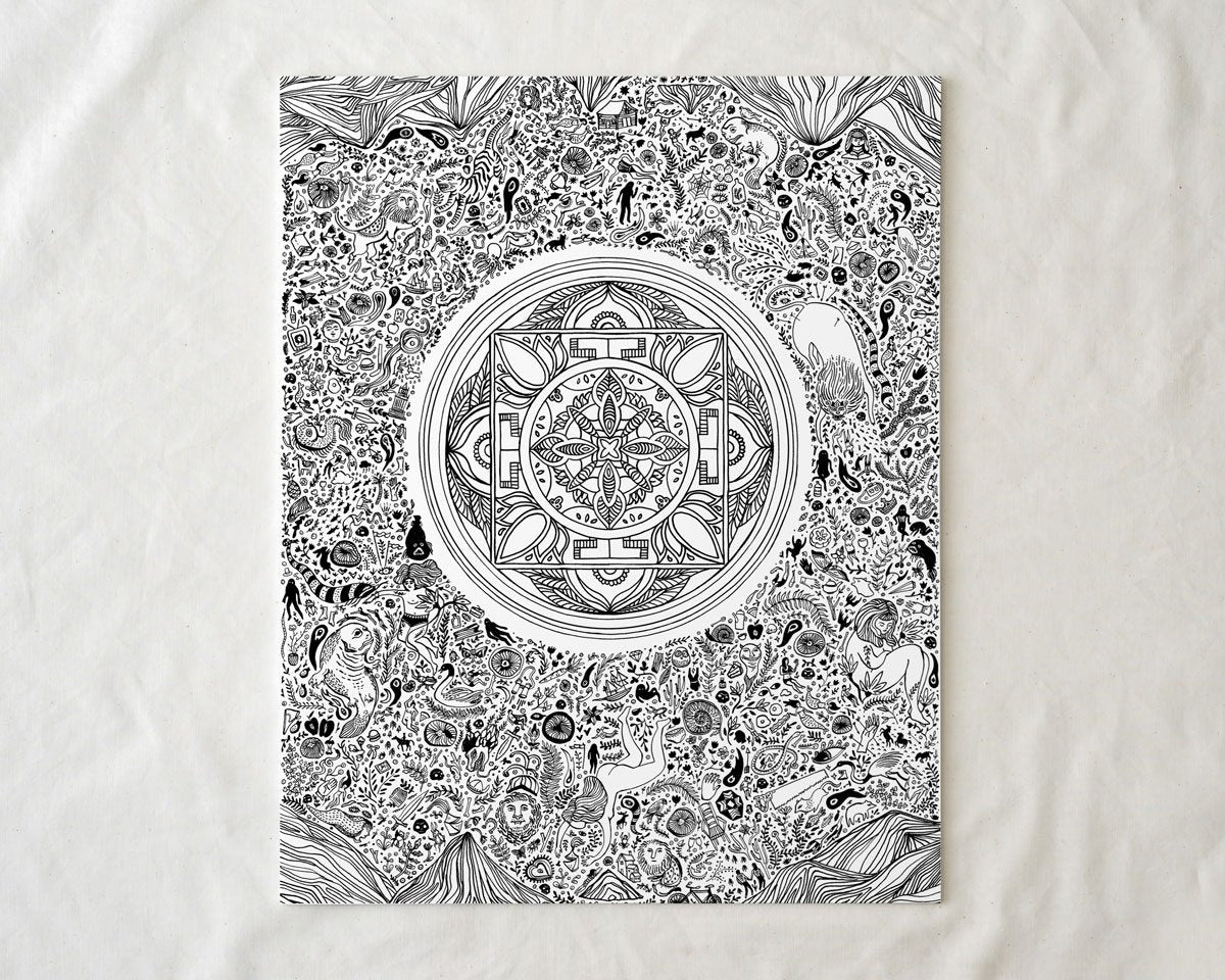 black and white illustrated nirvana art lotus print