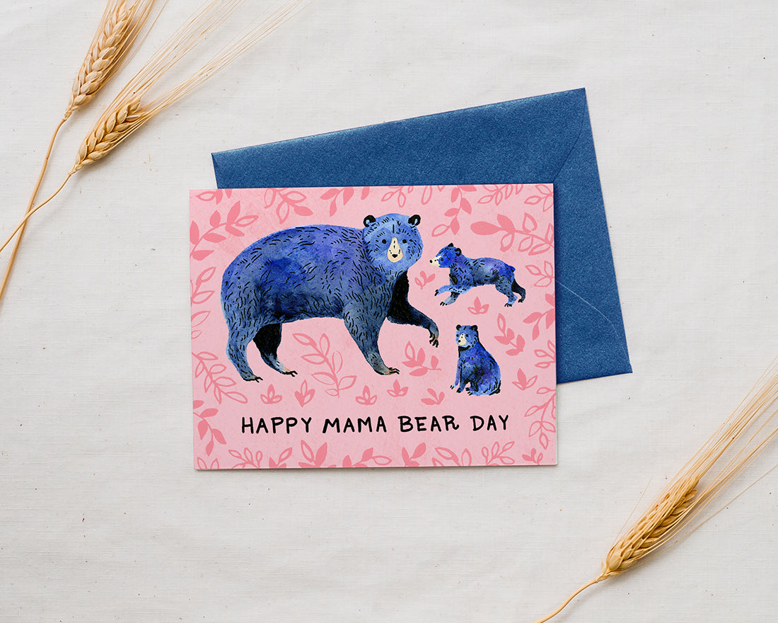 Mother's Day card with illustration of blue mom bear and two bear cubs with the words happy mama bear day