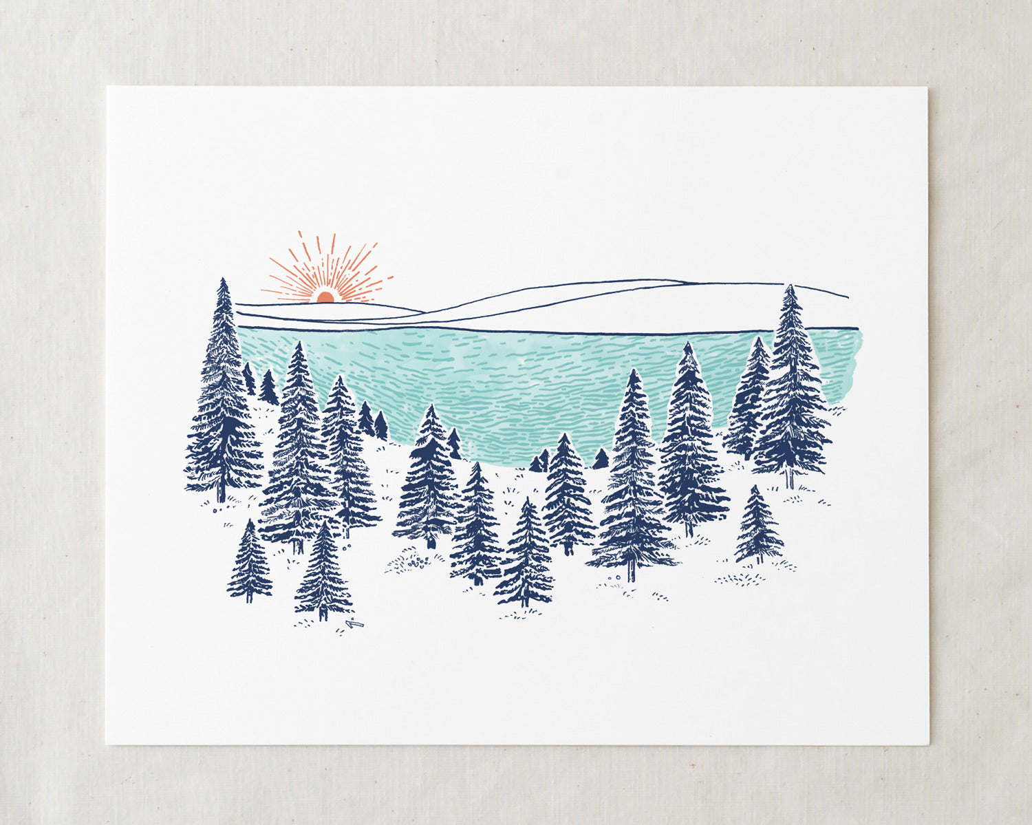 lakeshore art print with pine trees illustration