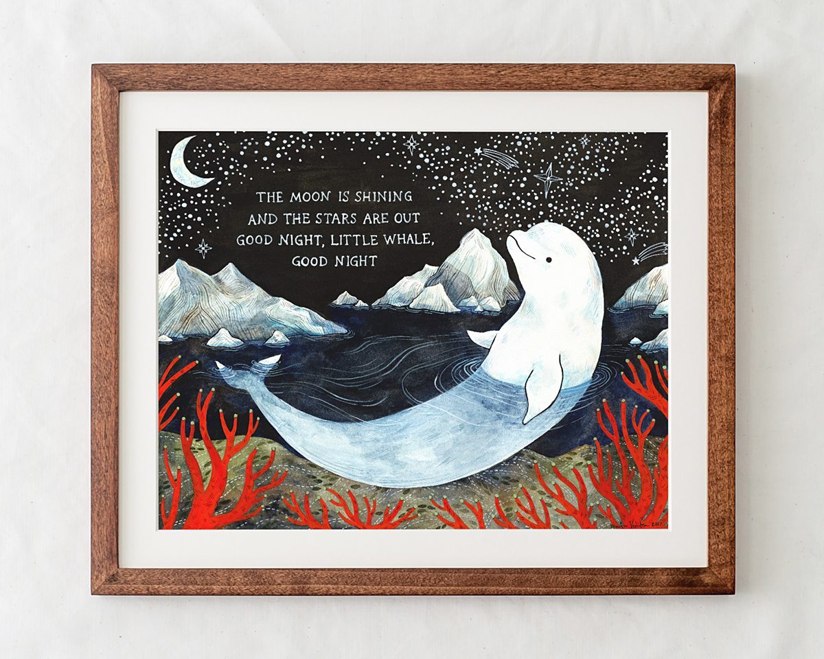 baby beluga nursery art print decor in wood frame