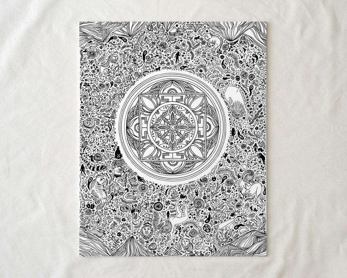 black and white illustrated nirvana art lotus print