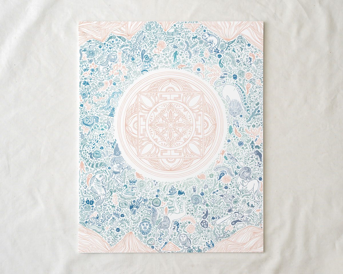 blue and pink illustrated nirvana art lotus print