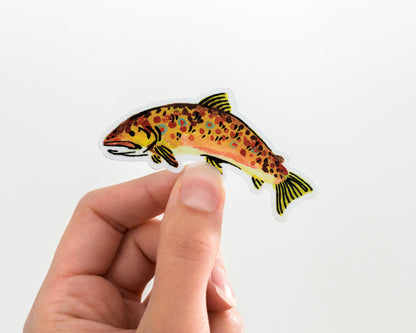 hand holding a cute brown trout fish vinyl sticker by wildship studio