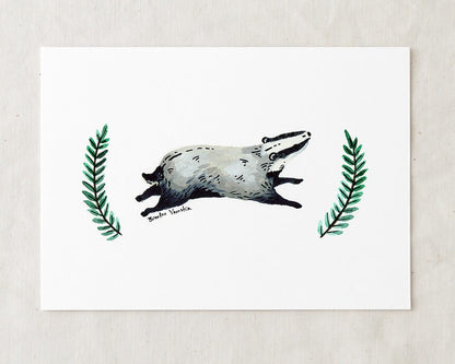 a 5x7 nursery watercolor art painting print of a happy badger running with two sprigs of greenery on either side