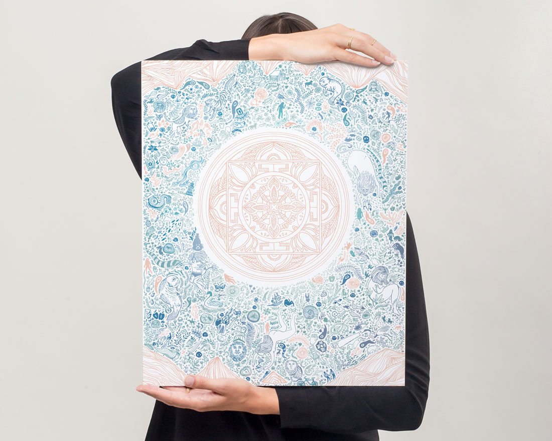 Woman displaying blue and pink illustrated nirvana lotus art print