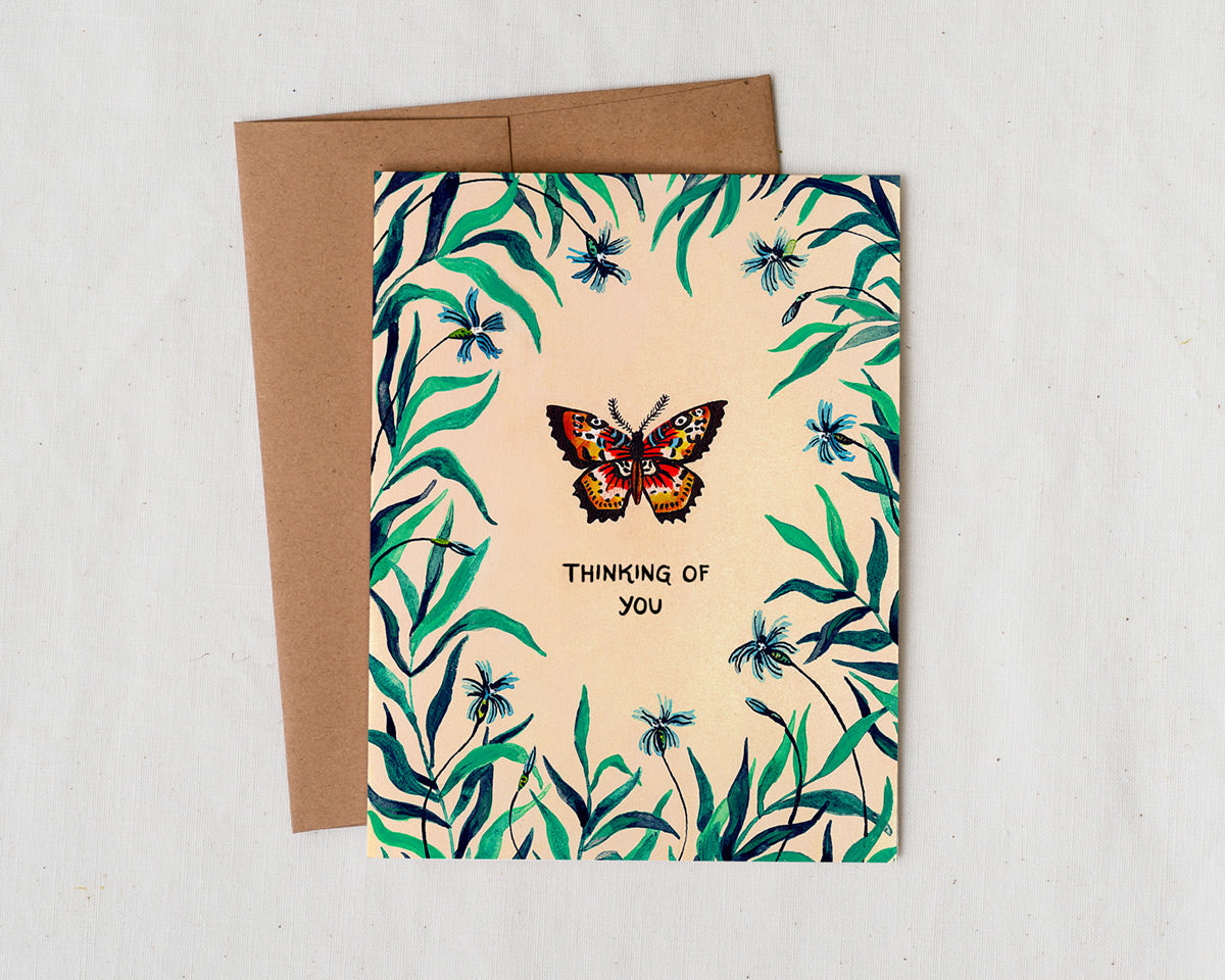 Thinking of You illustrated greeting card with butterfly and foliage