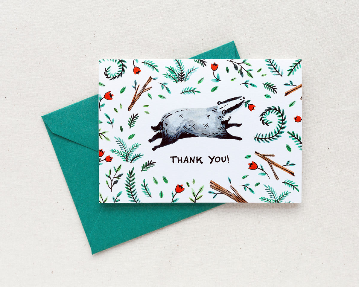 watercolor thank you card with a cute badger and woodland illustrations