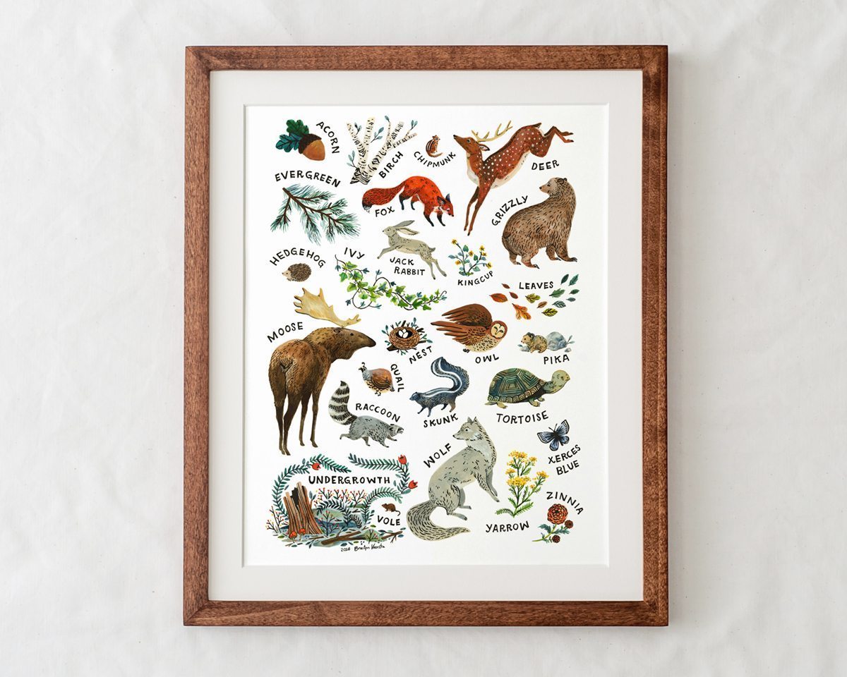 Woodland Alphabet Nursery Art Print in natural wood frame